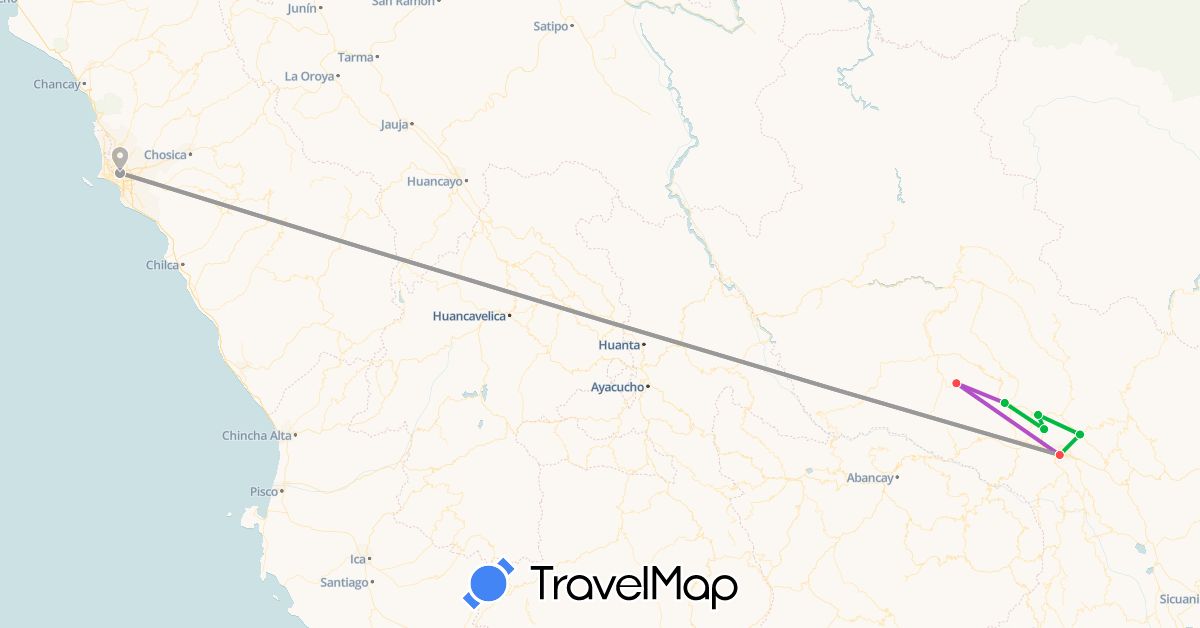 TravelMap itinerary: driving, bus, plane, train, hiking in Peru (South America)