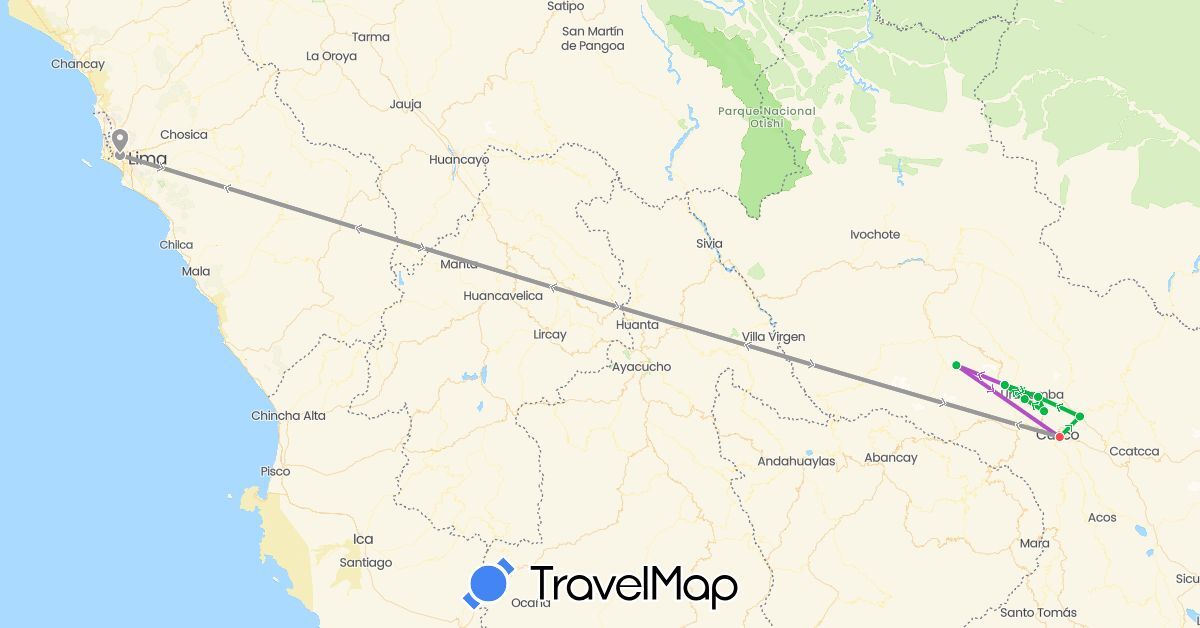 TravelMap itinerary: driving, bus, plane, train, hiking in Peru (South America)